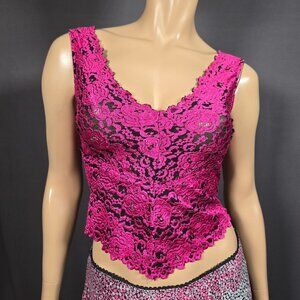 Y2K Lace Brocade Cropped Tank Top Size S Fuchsia Pink Whimsigoth Fairy V Neck